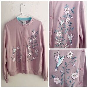 Vintage Floral Hummingbird Hand Painted Front Button Cardigan in Blush Pink